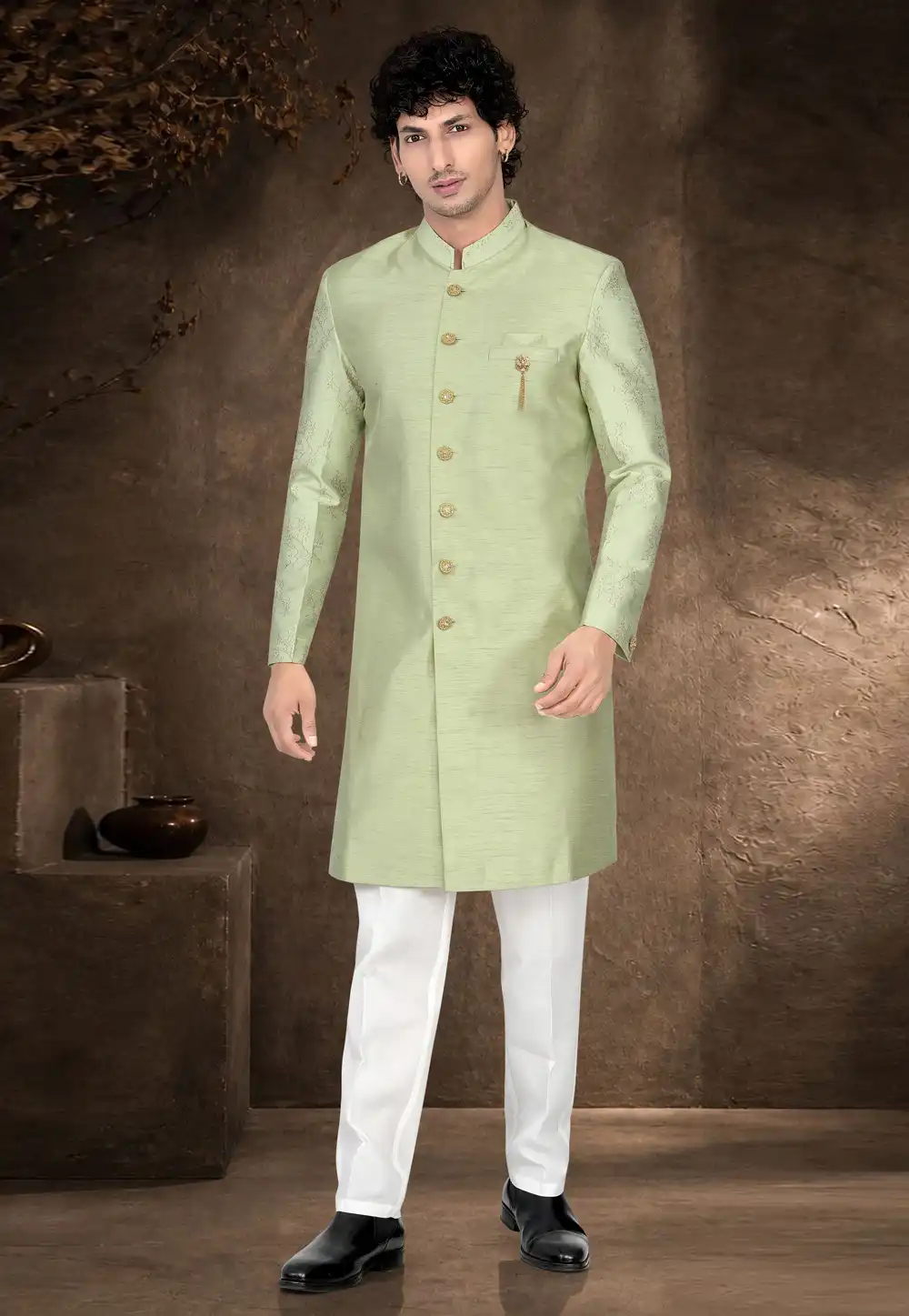 Pista Green Silk Indo Western Suit 329887