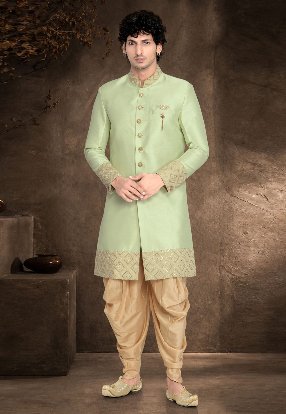 Pista Green Silk Indo Western Suit 329895
