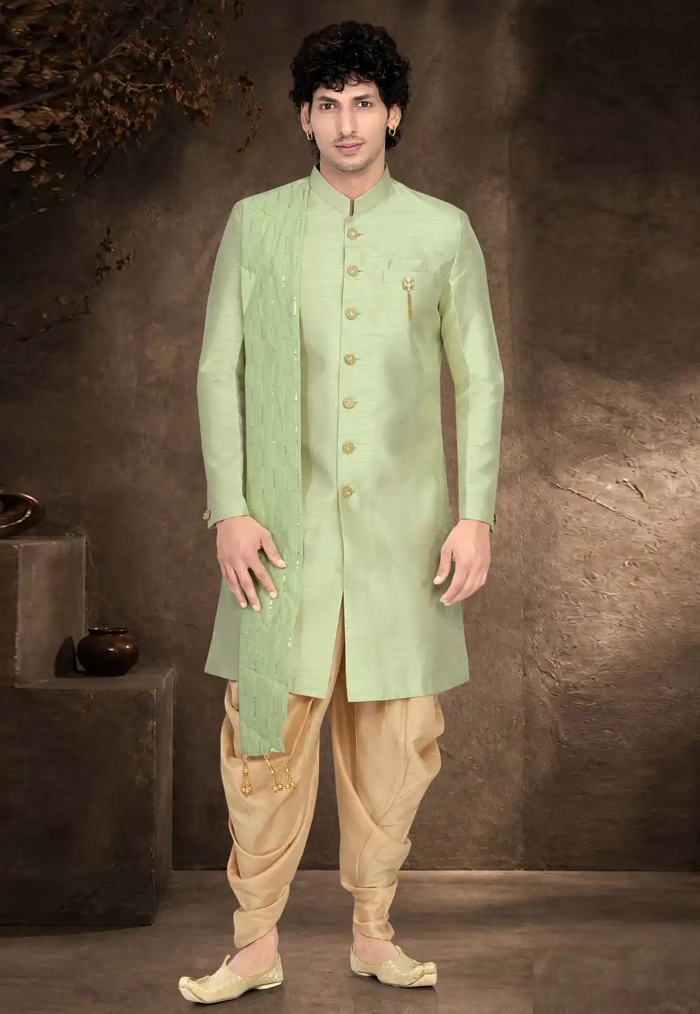 Pista Green Silk Indo Western Suit 329901