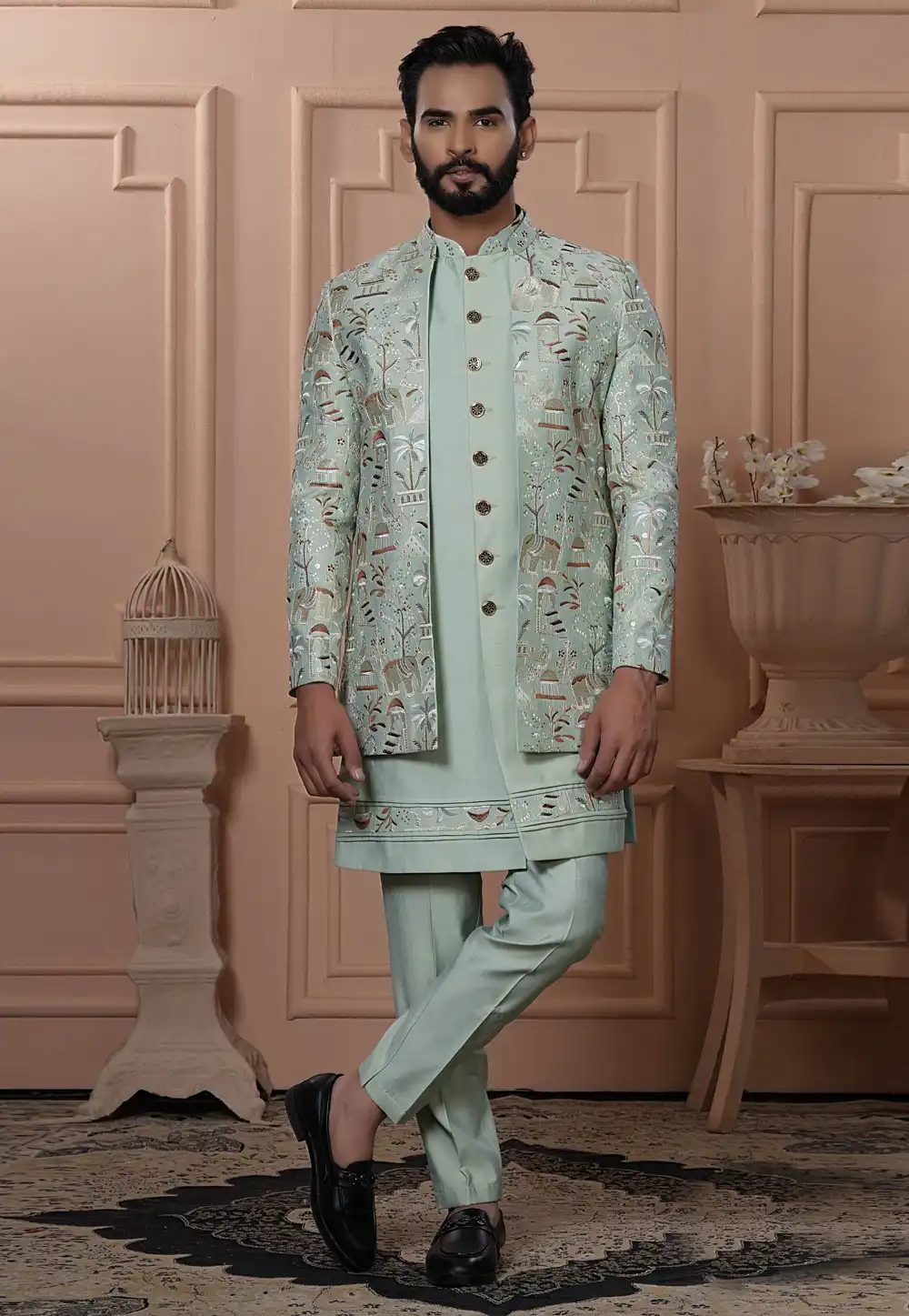 Pista Green Silk Jacket Style Sherwani 315038