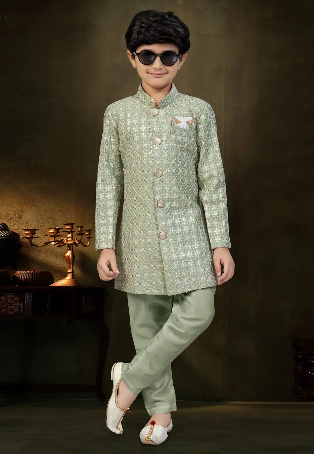 Pista Green Silk Kids Indo Western Suit 328710