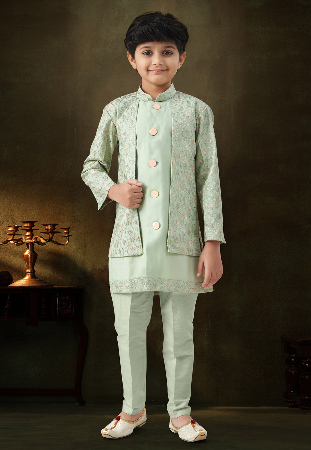 Pista Green Silk Kids Indo Western Suit 328720