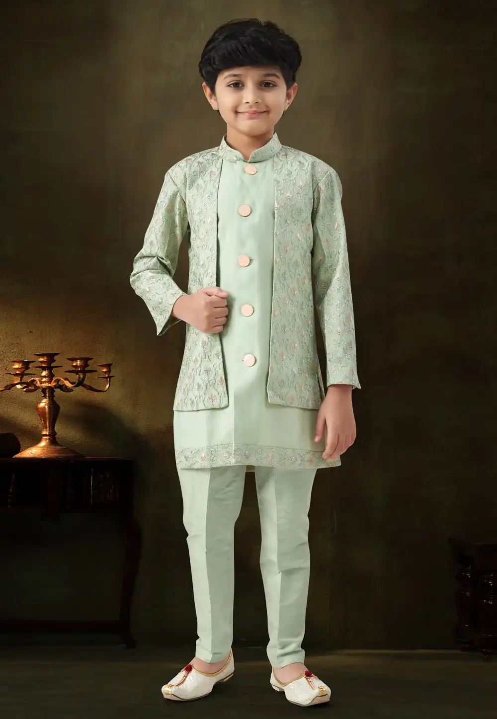 Pista Green Silk Kids Indo Western Suit 328720