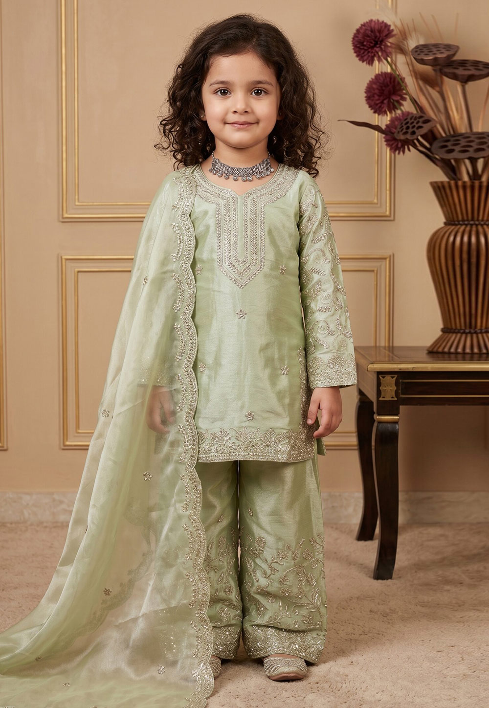 Pista Green Silk Kids Palazzo Suit 329479