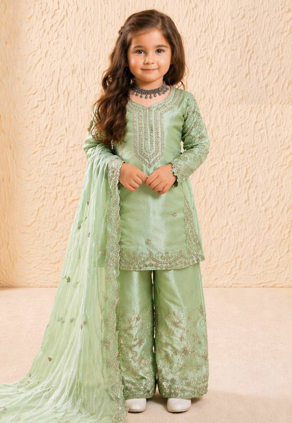 Pista Green Silk Kids Palazzo Suit 327202