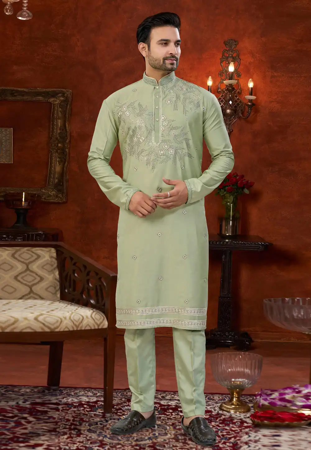 Pista Green Silk Kurta Pajama 324603