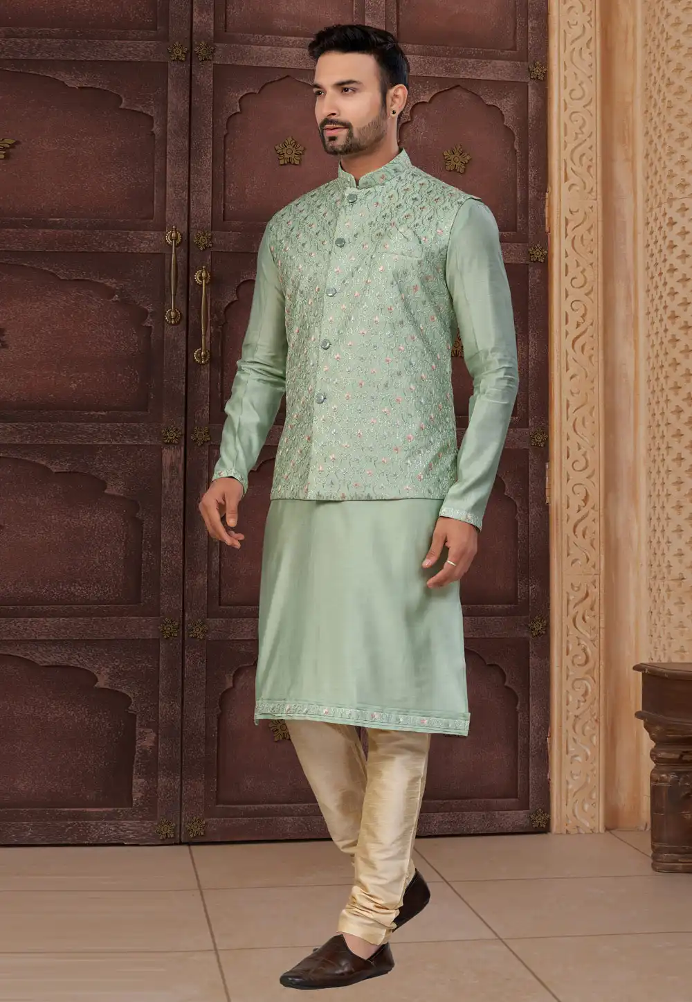 Pista Green Silk Kurta Pajama With Jacket 317869