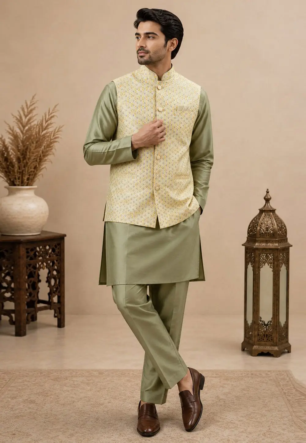 Pista Green Silk Kurta Pajama With Jacket 334305