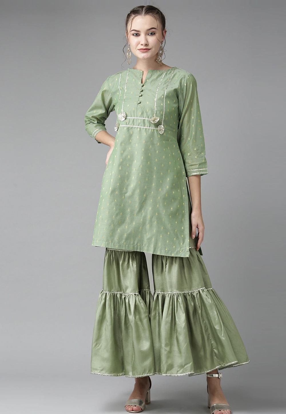 Pista Green Silk Kurta Set With Sharara 281479