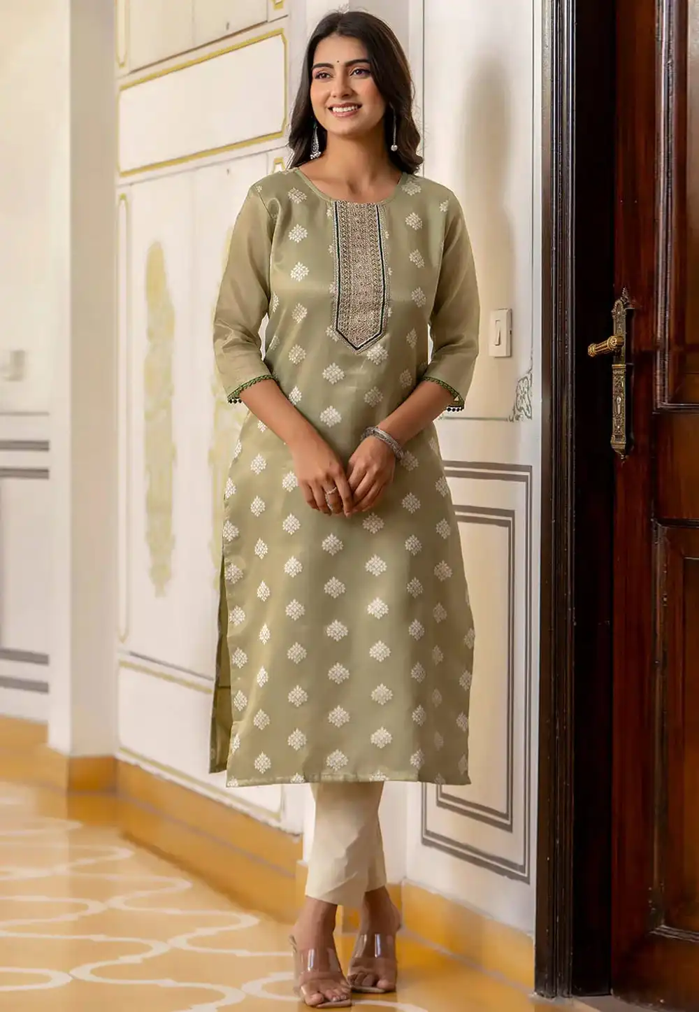 Pista Green Silk Long Tunic 309857