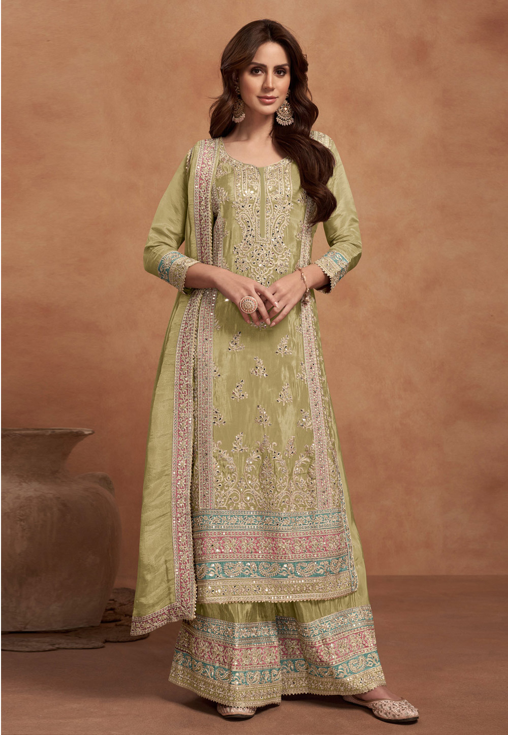 Pista Green Silk Pakistani Suit 308416