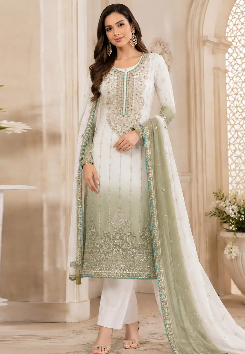 Pista Green Silk Pakistani Suit 330366