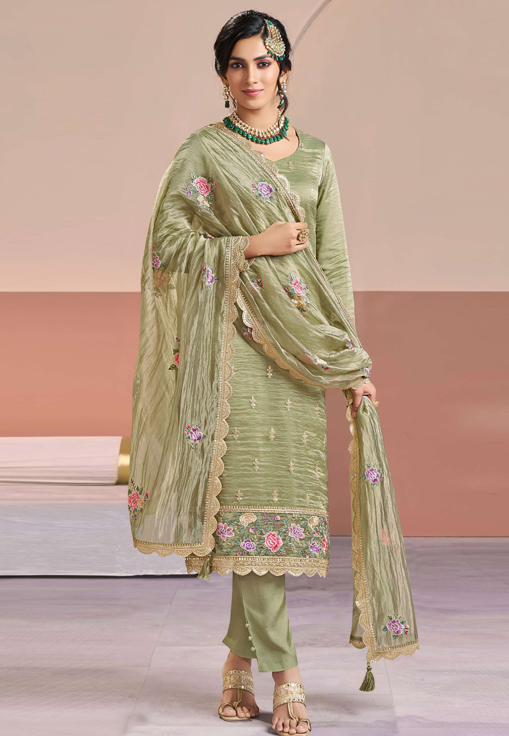 Pista Green Silk Pakistani Suit 327684