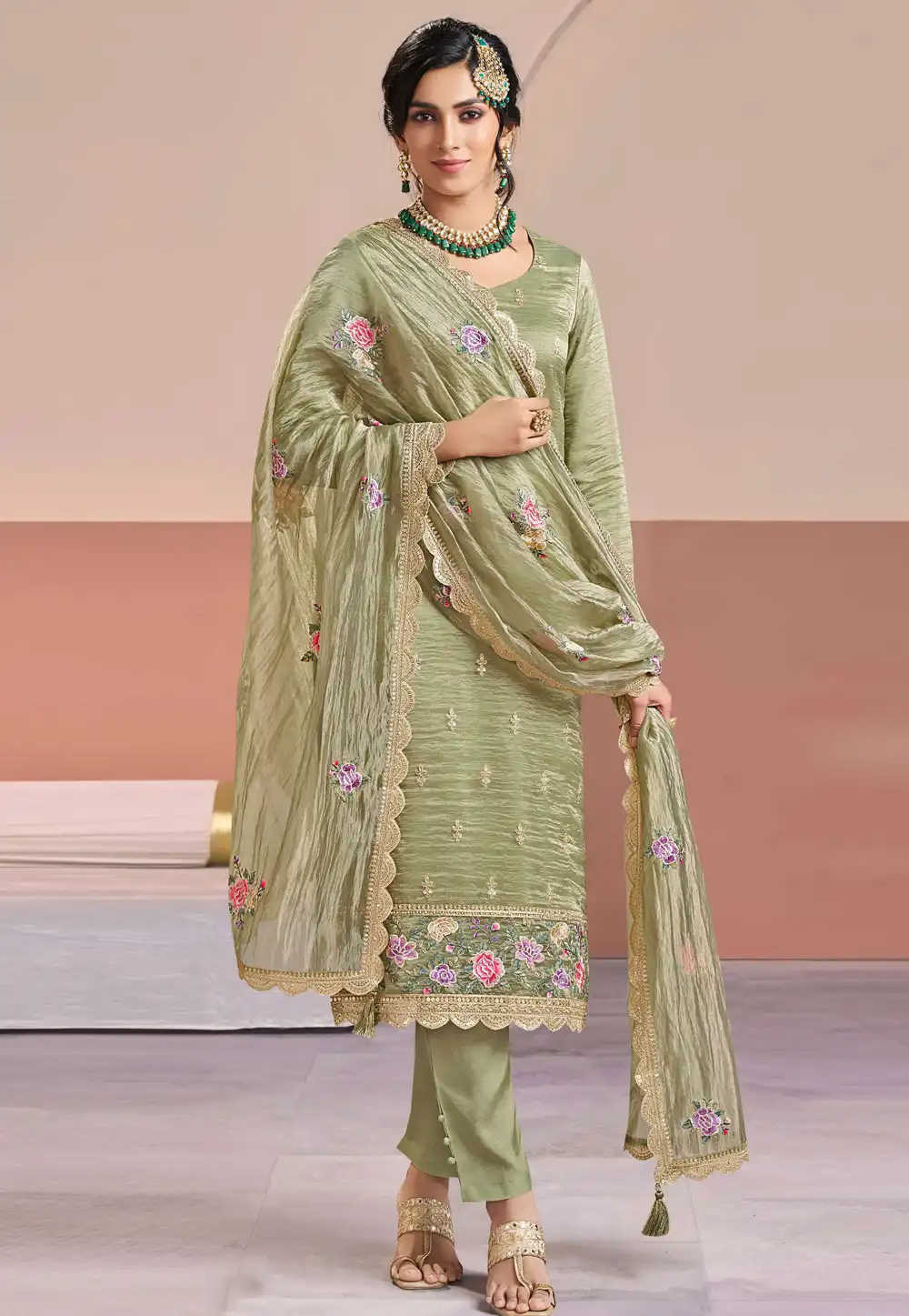 Pista Green Silk Pakistani Suit 327684