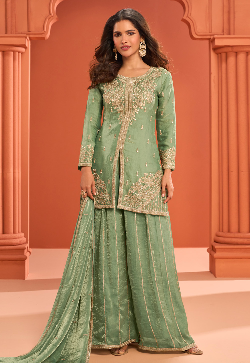 Pista Green Silk Palazzo Suit 324072