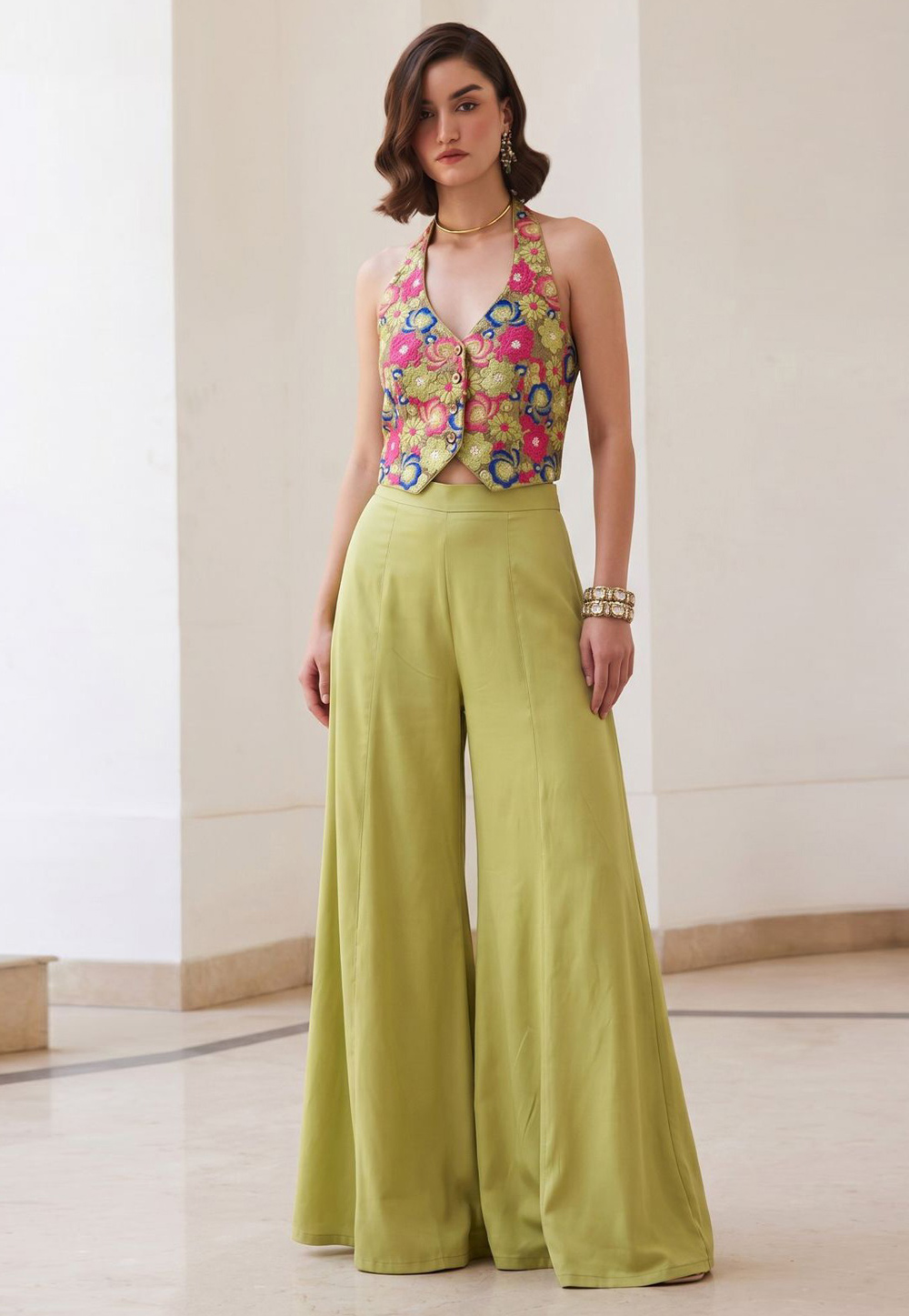 Pista Green Silk Palazzo With Crop Top 328932