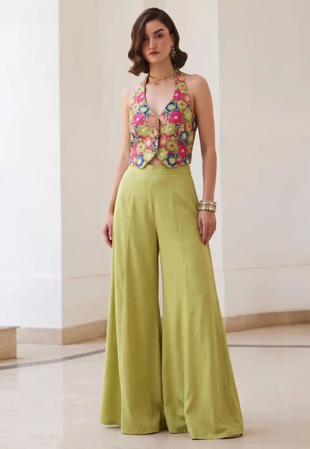 Pista Green Silk Palazzo With Crop Top 328932