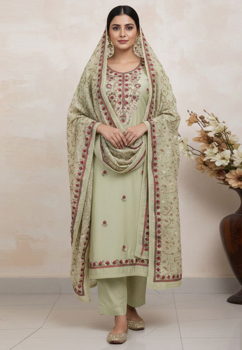 Pista Green Silk Pant Style Suit 330324