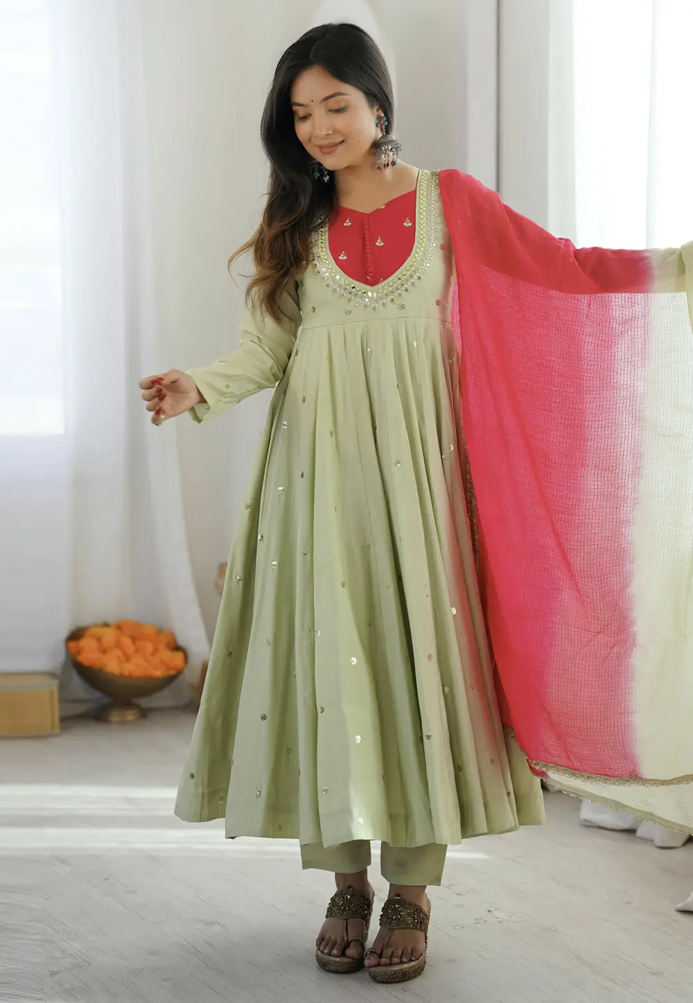 Pista Green Silk Readymade Anarkali Suit 333069