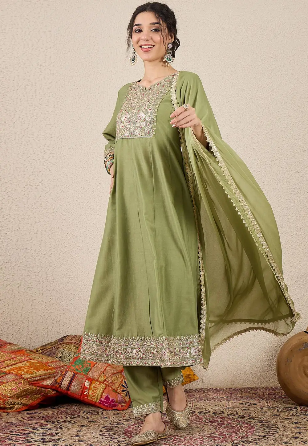 Pista Green Silk Readymade Anarkali Suit 333426