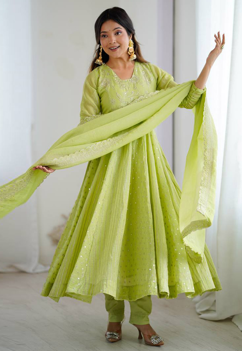 Pista Green Silk Readymade Anarkali Suit 325328