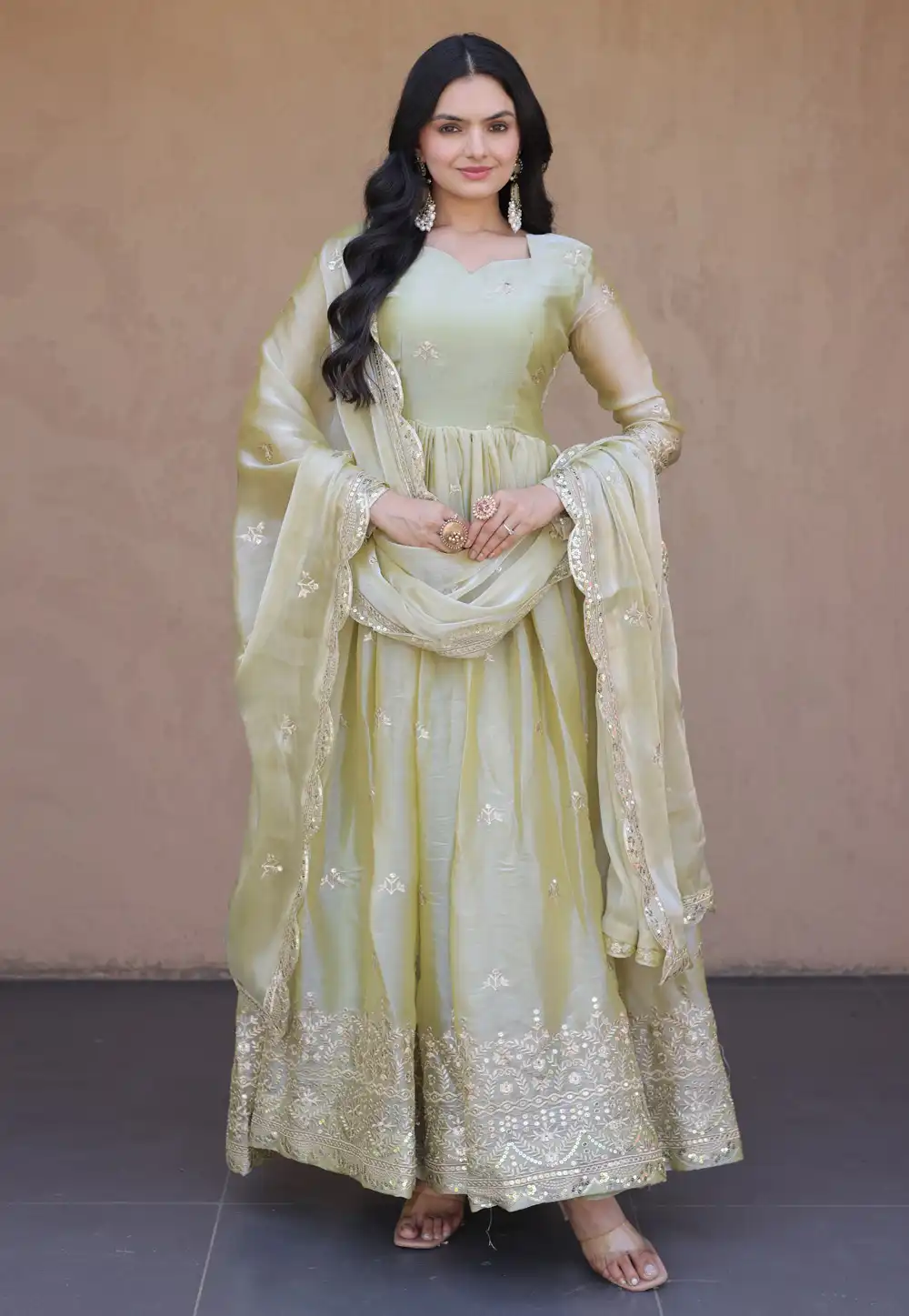 Pista Green Silk Readymade Anarkali Suit 330442