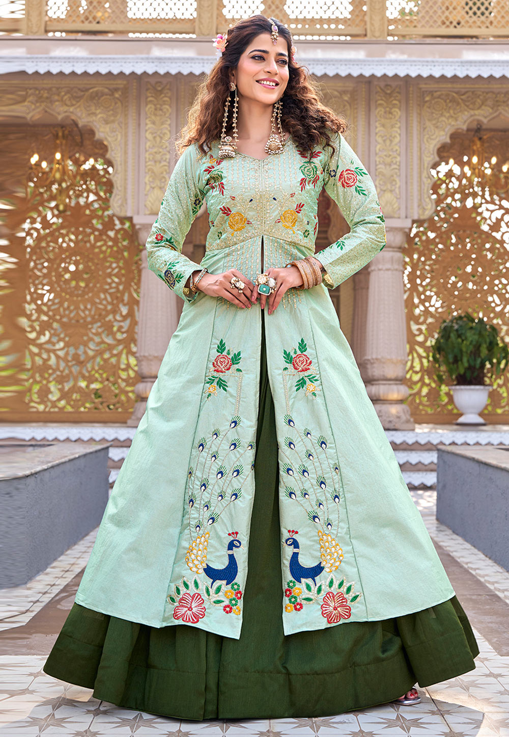Pista Green Silk Readymade Indo Western Lehenga Choli 325102