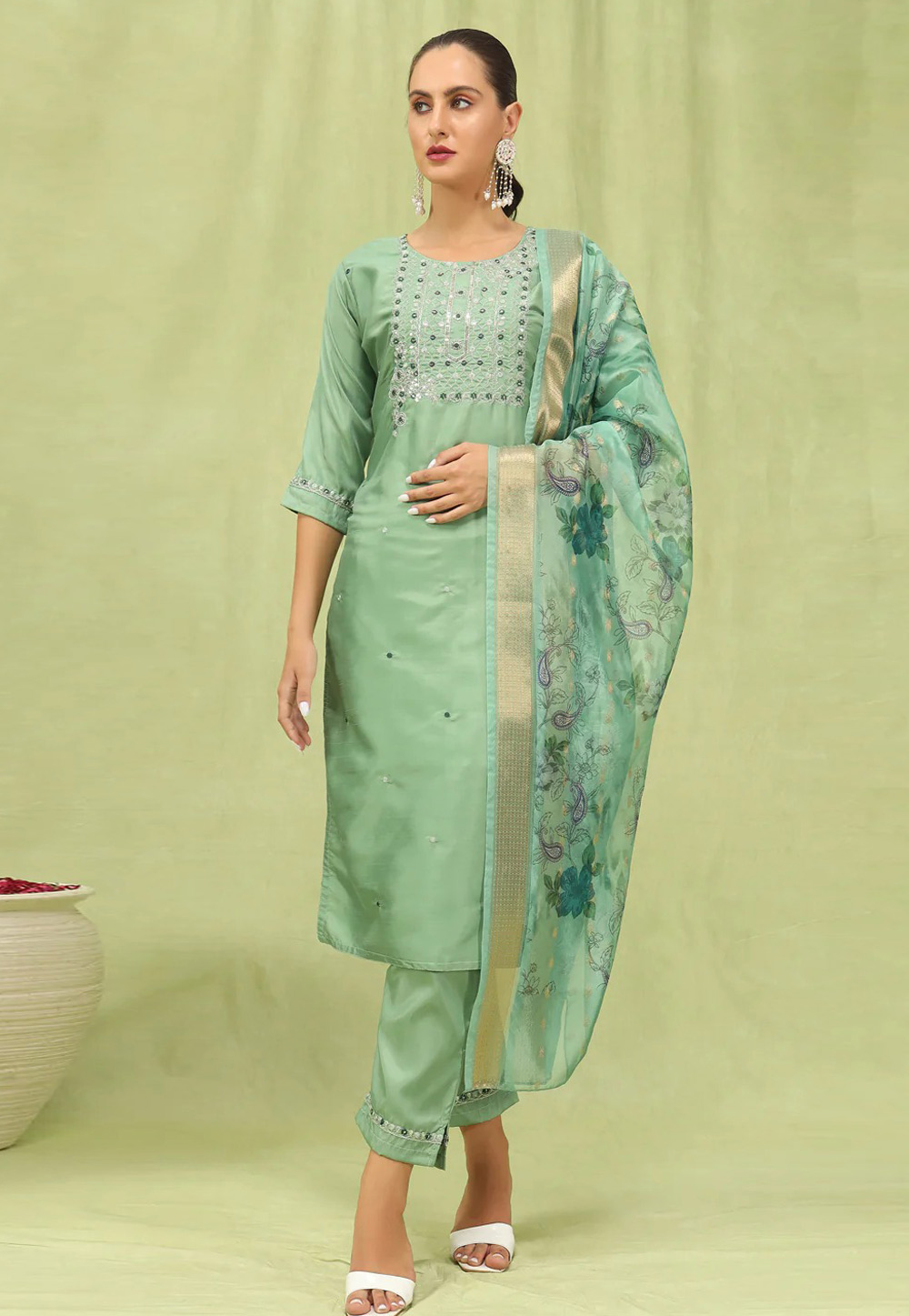 Pista Green Silk Readymade Pakistani Suit 307295