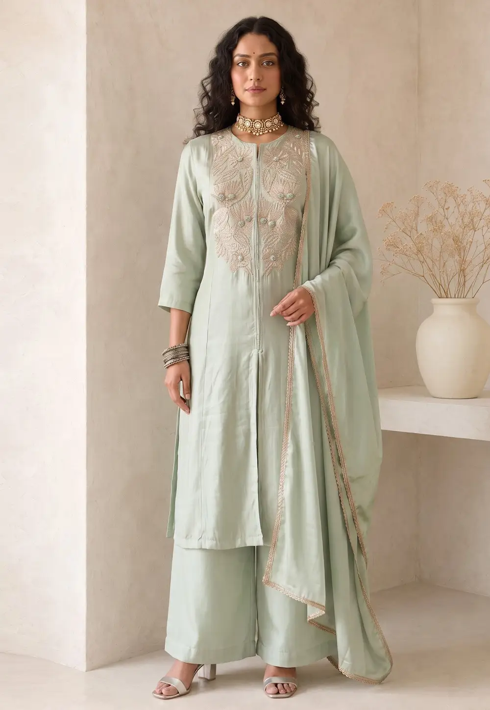 Pista Green Silk Readymade Pakistani Suit 333040