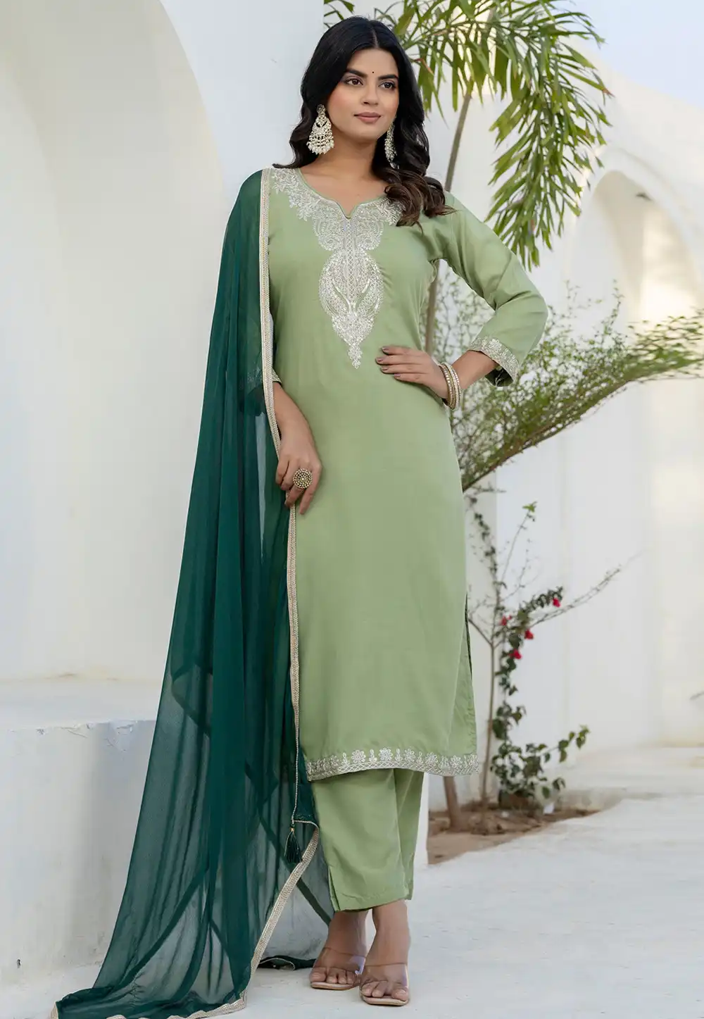 Pista Green Silk Readymade Pakistani Suit 313821