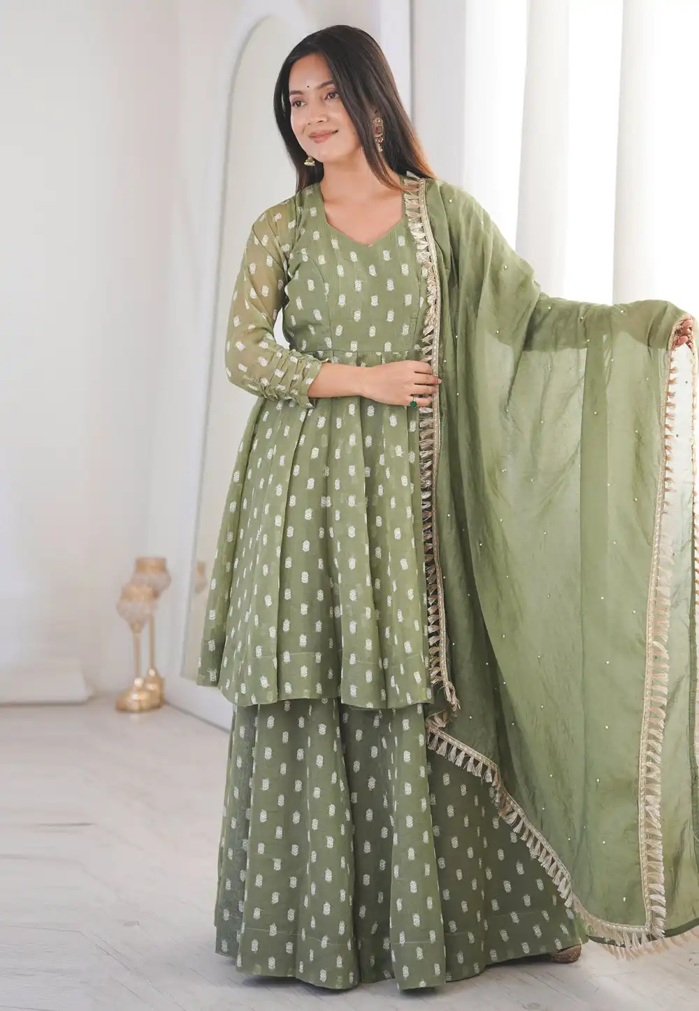 Pista Green Silk Readymade Palazzo Suit 327514