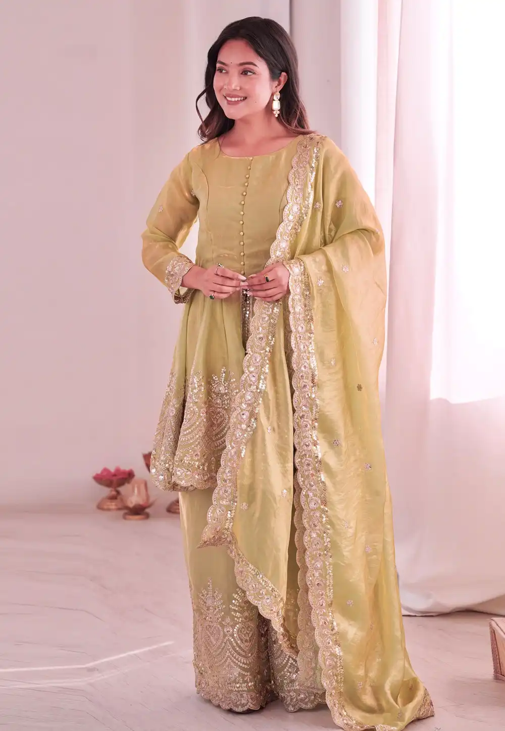 Pista Green Silk Readymade Palazzo Suit 323786
