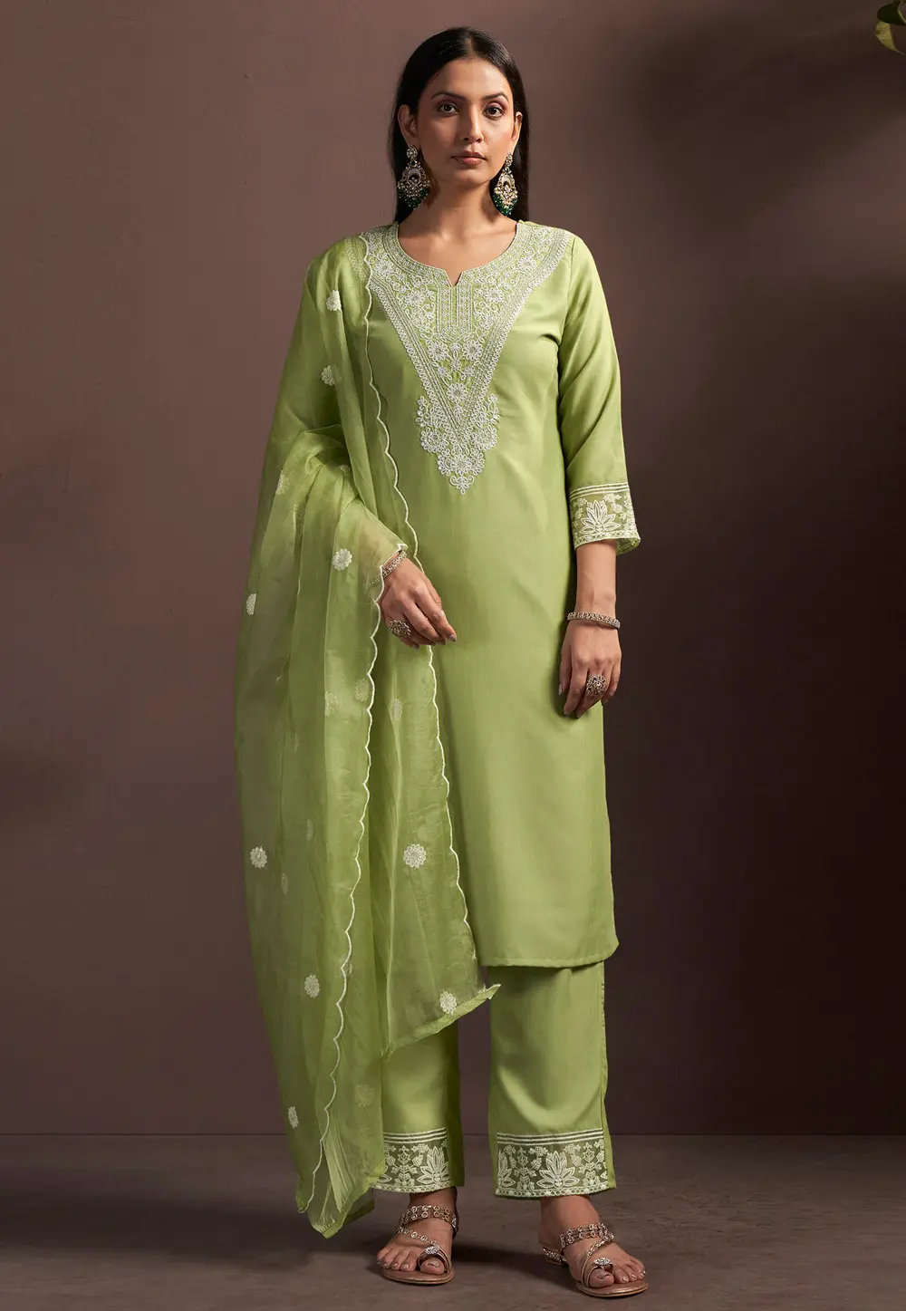 Pista Green Silk Readymade Palazzo Suit 331483