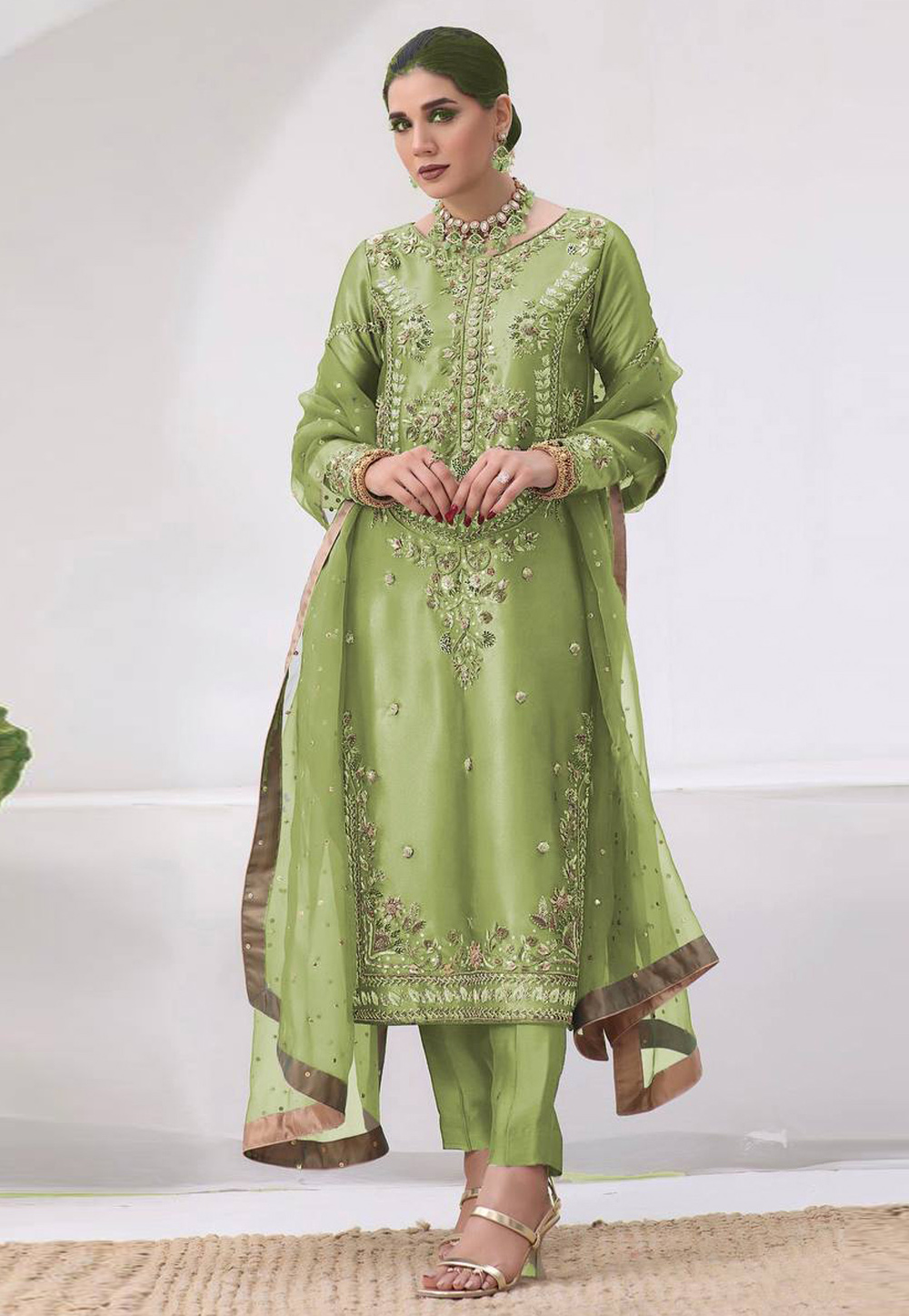 Pista Green Silk Readymade Pant Style Suit 321879