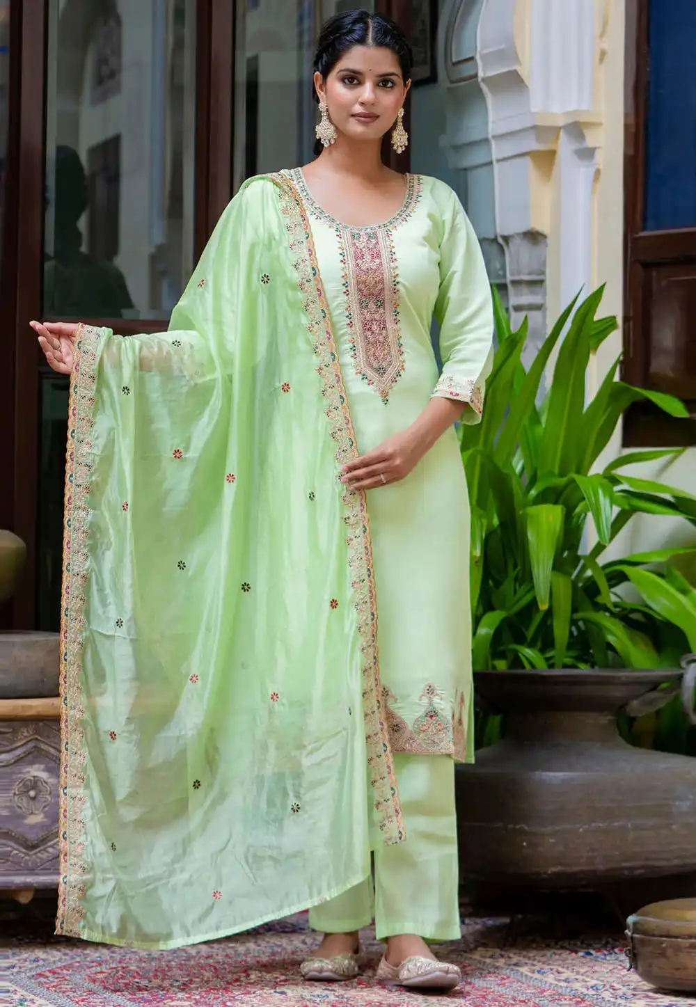 Pista Green Silk Readymade Pant Style Suit 309217