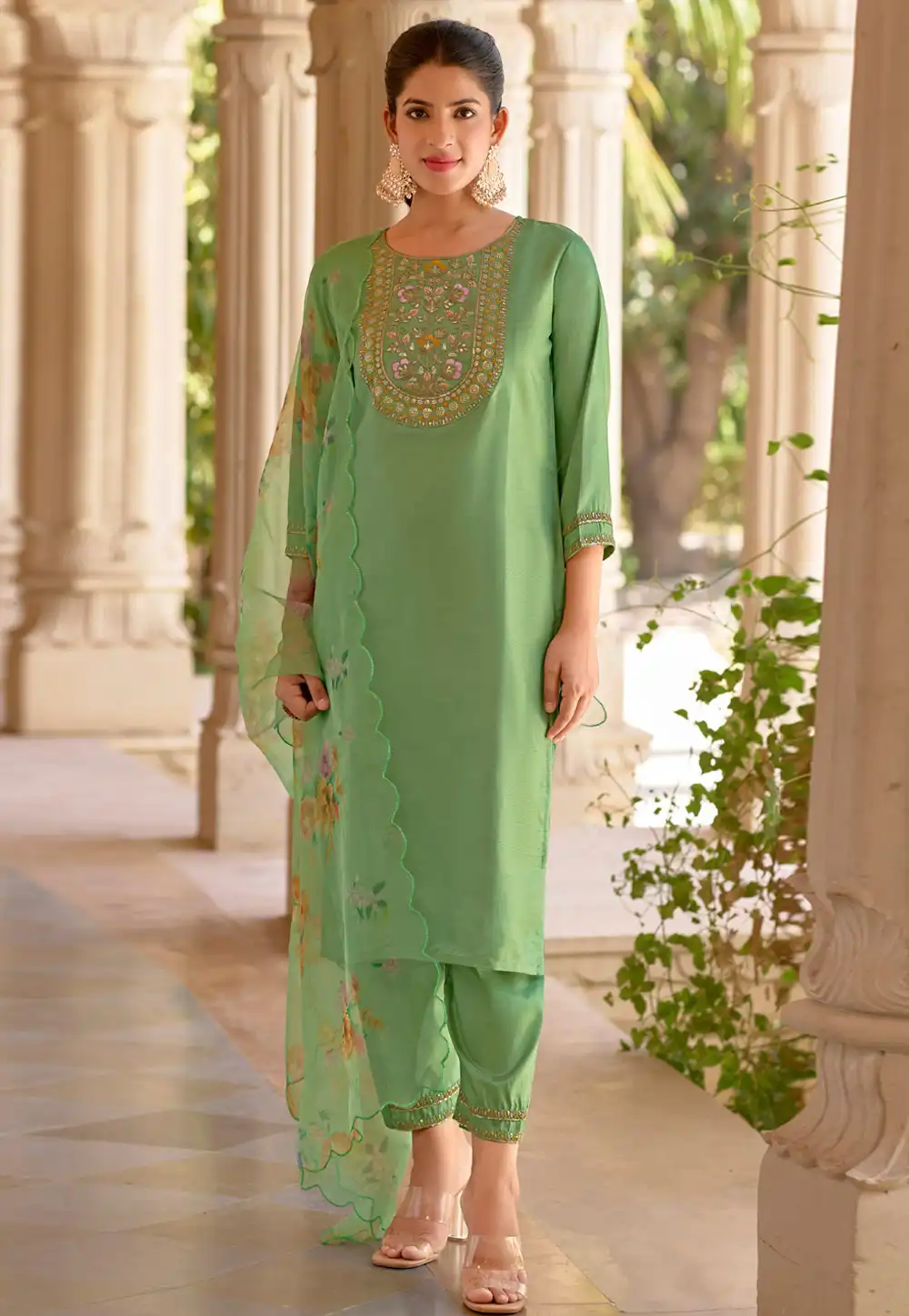 Pista Green Silk Readymade Pant Style Suit 318979