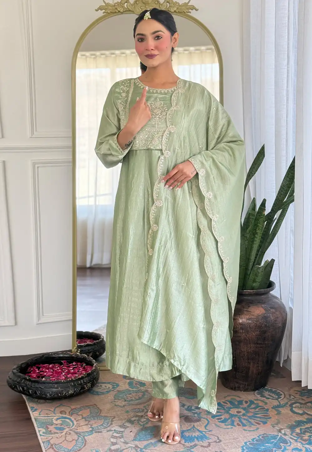 Pista Green Silk Readymade Pant Style Suit 310894