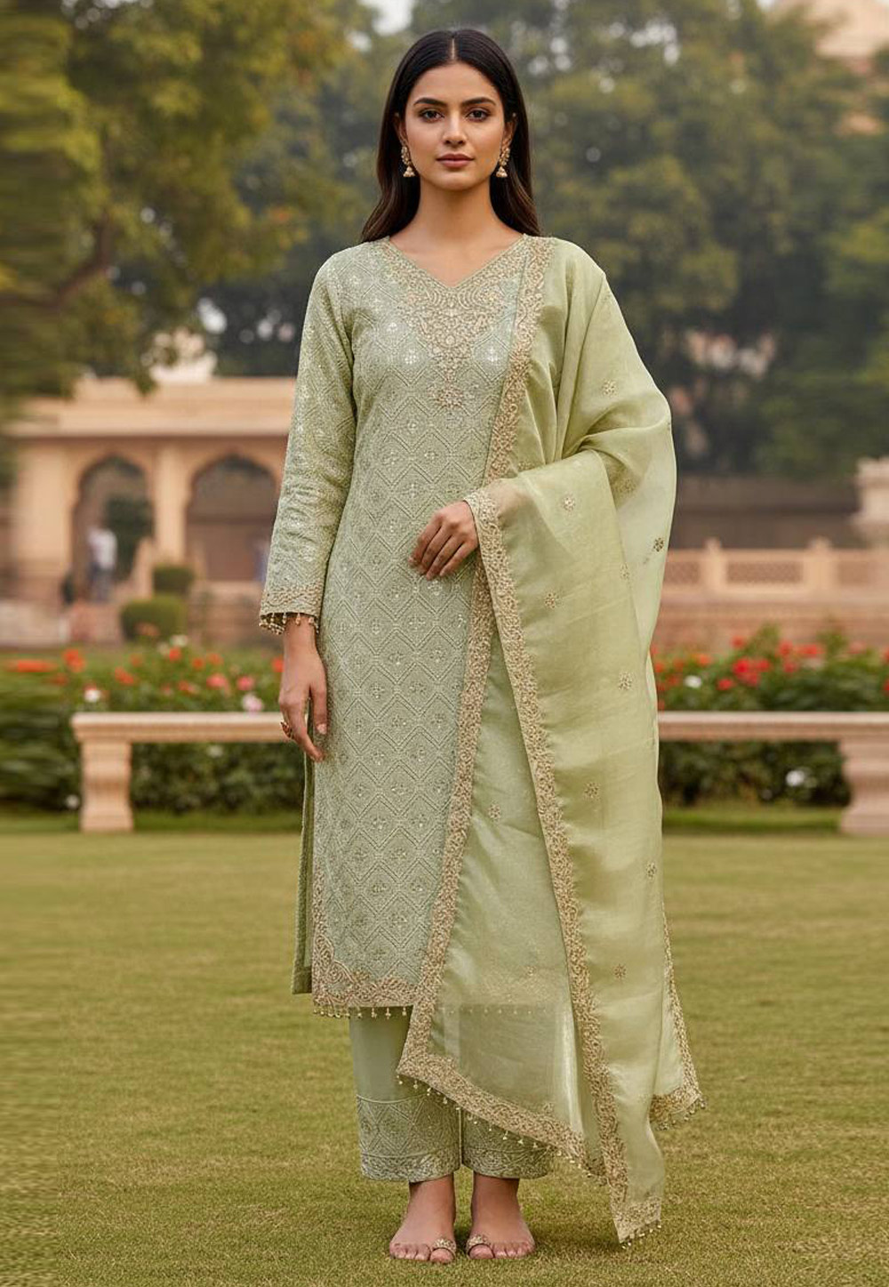 Pista Green Silk Readymade Pant Style Suit 322226
