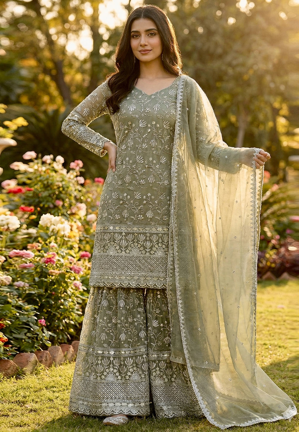 Pista Green Silk Readymade Sharara Suit 321899