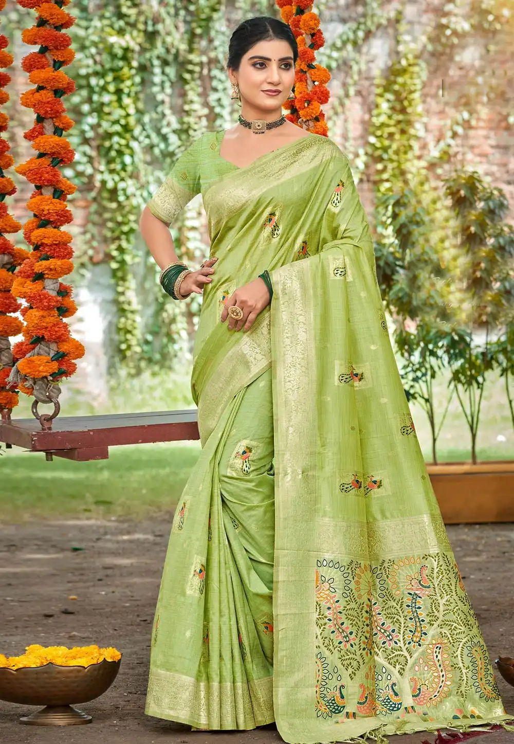 Pista Green Silk Saree With Blouse 315373