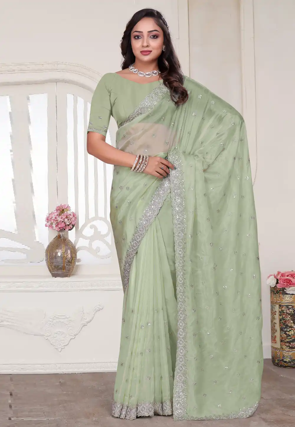 Pista Green Silk Saree With Blouse 312824