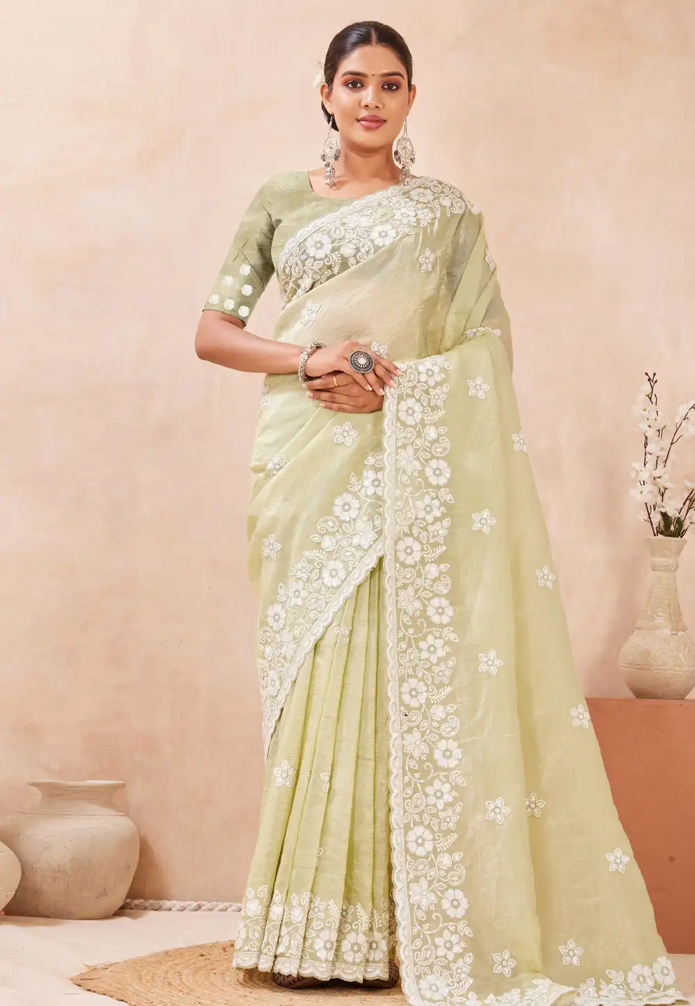 Pista Green Silk Saree With Blouse 320894