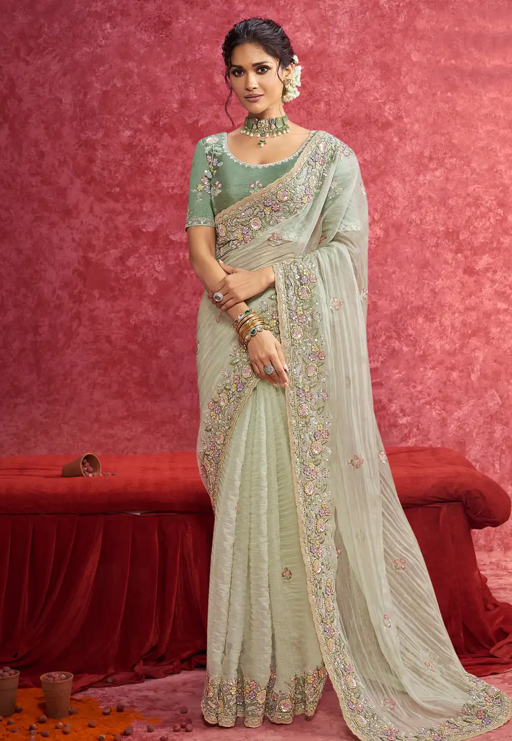 Pista Green Silk Saree With Blouse 317267