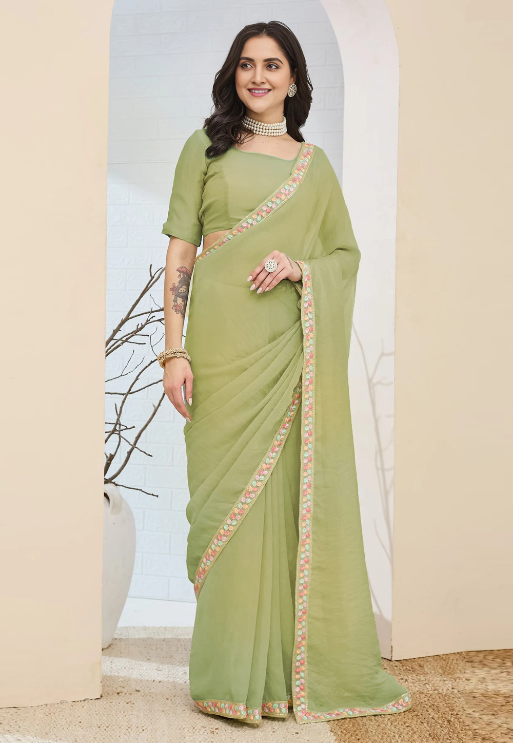 Pista Green Silk Saree With Blouse 329507