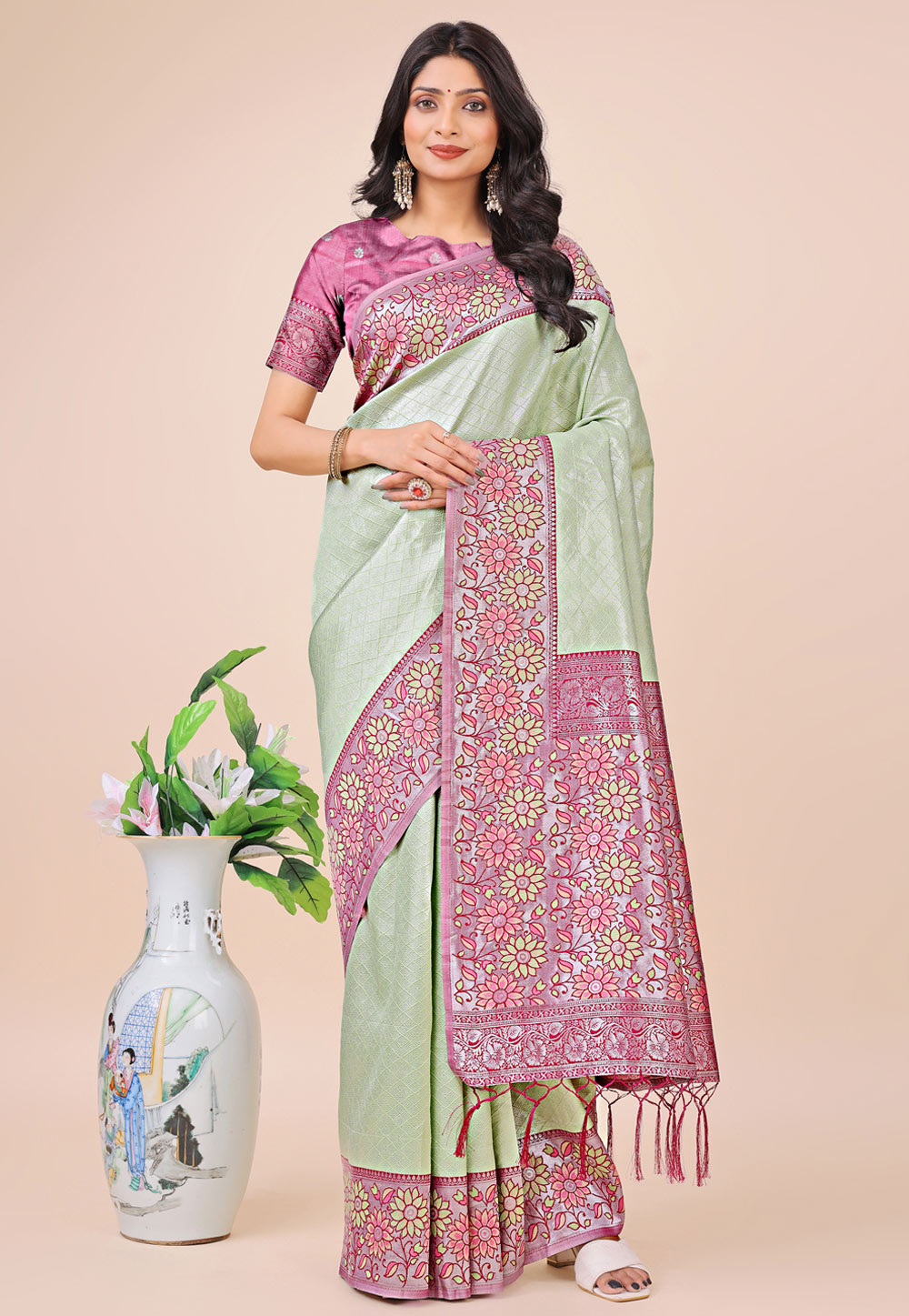 Pista Green Silk Saree With Blouse 312155