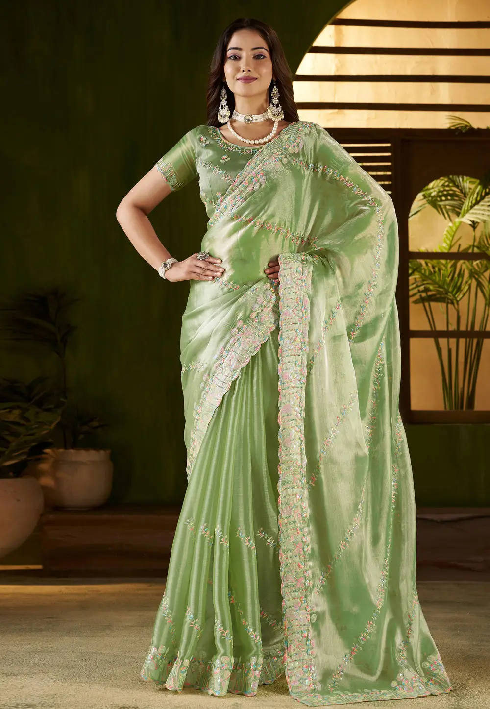 Pista Green Silk Saree With Blouse 332570