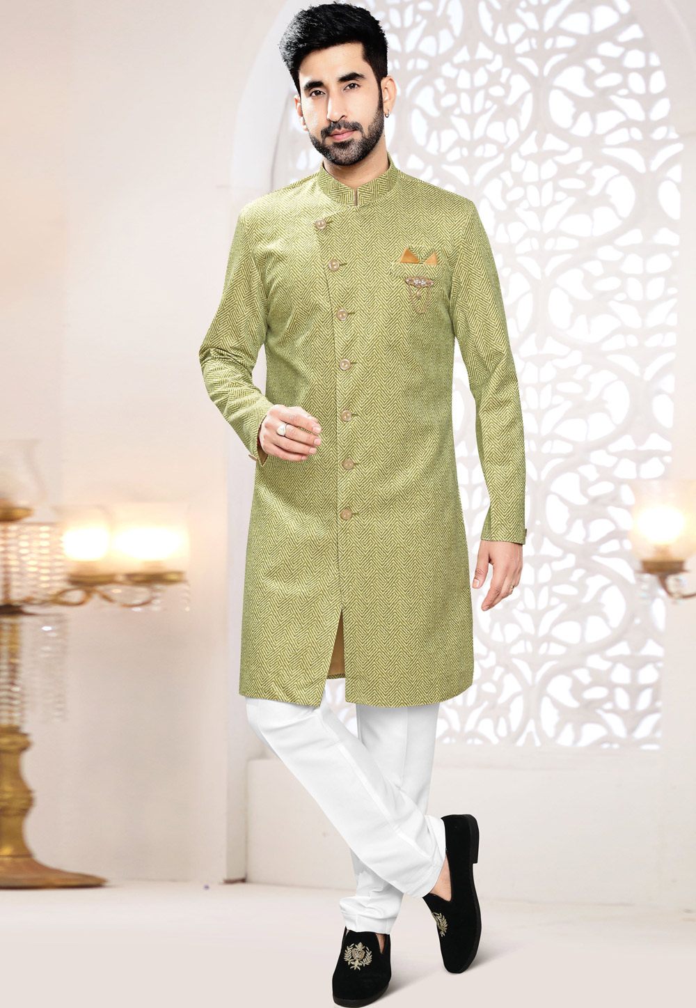 Pista Green Suede Indo Western Suit 306455