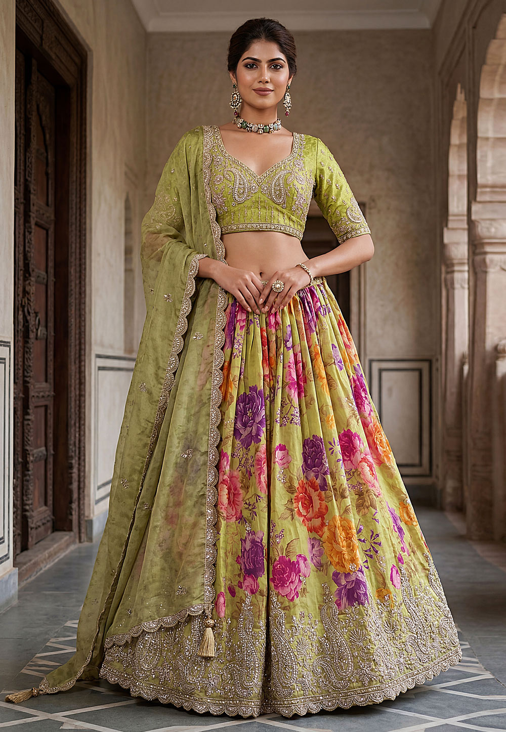 Pista Green Tissue Floral Lehenga choli 329241