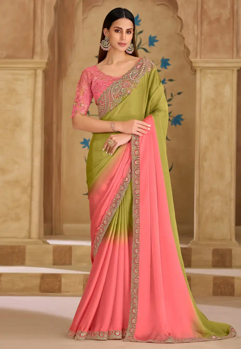 Pista Green Tissue Half N Half Saree 324683