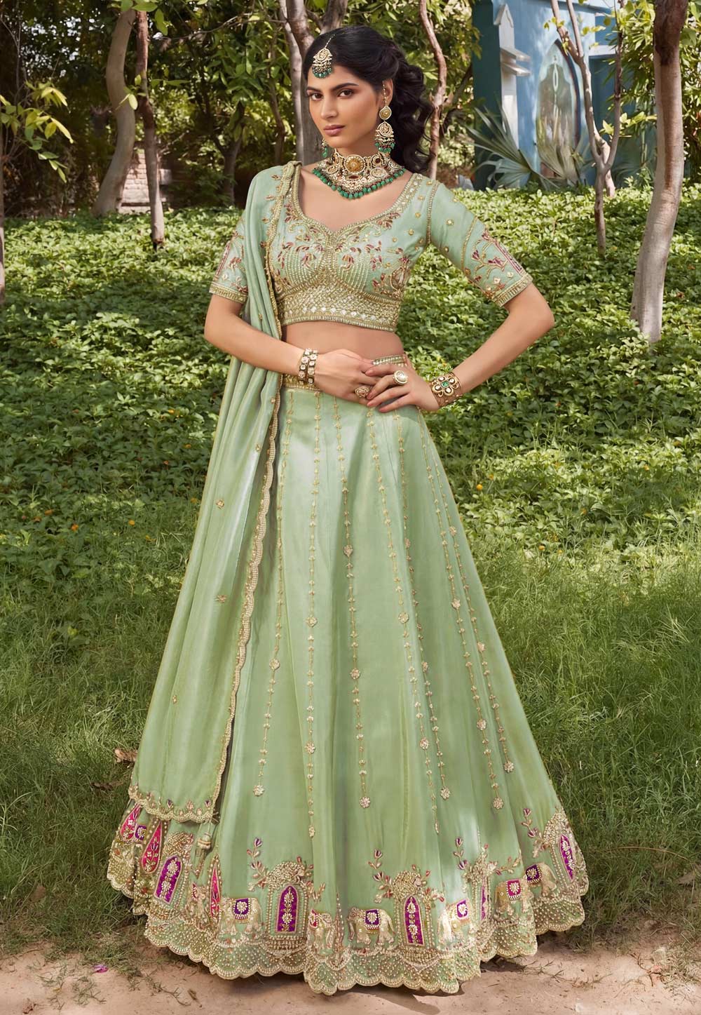 Pista Green Tissue Lehenga Choli For Wedding 329223
